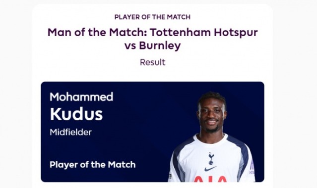 热刺边锋库杜斯两度助攻获评热刺对阵伯恩利一役最佳球员