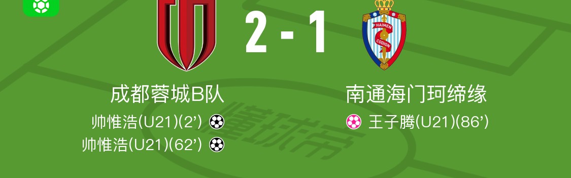 开云体育官网-成都蓉城B队2-1海门珂缔缘，帅惟浩独中两元